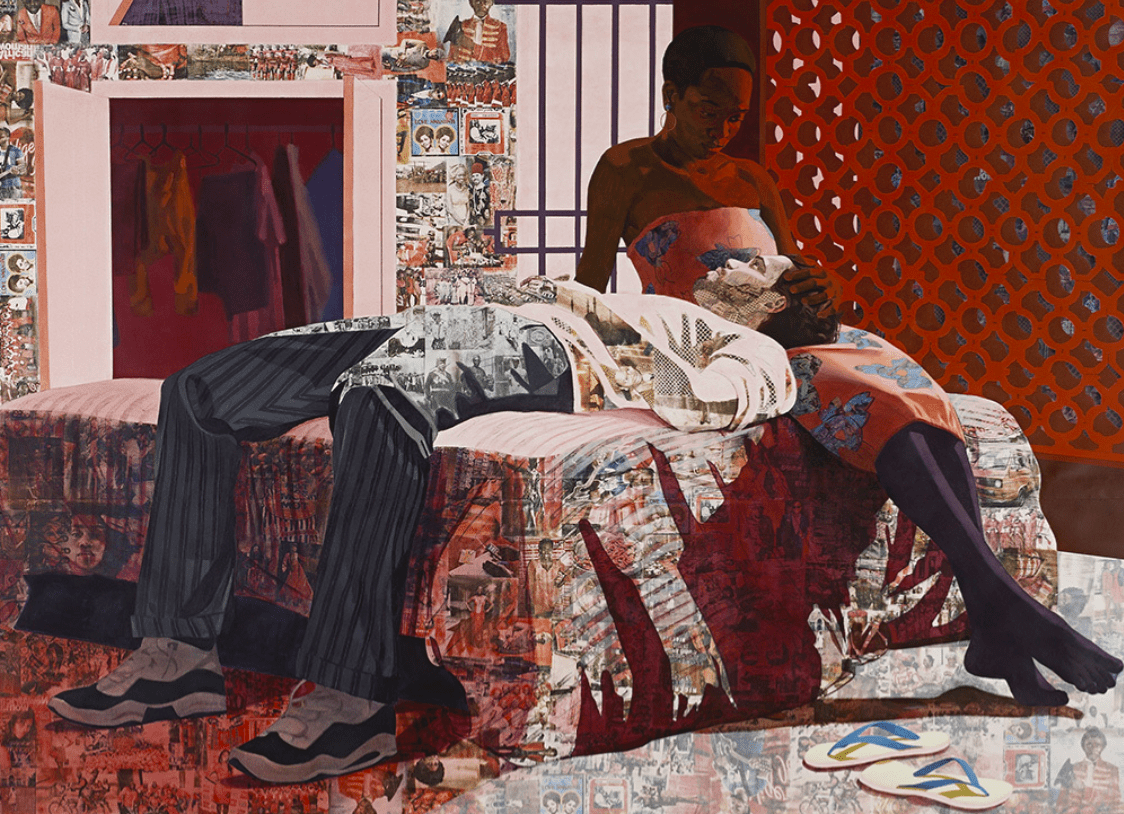 Njideka Akunyili Crosby, Nwantinti, 2012. Acrylic, pastel, charcoal, colored pencil and Xerox transfers on paper – 172.7 × 243.8 cm. Collection The Studio Museum in Harlem.